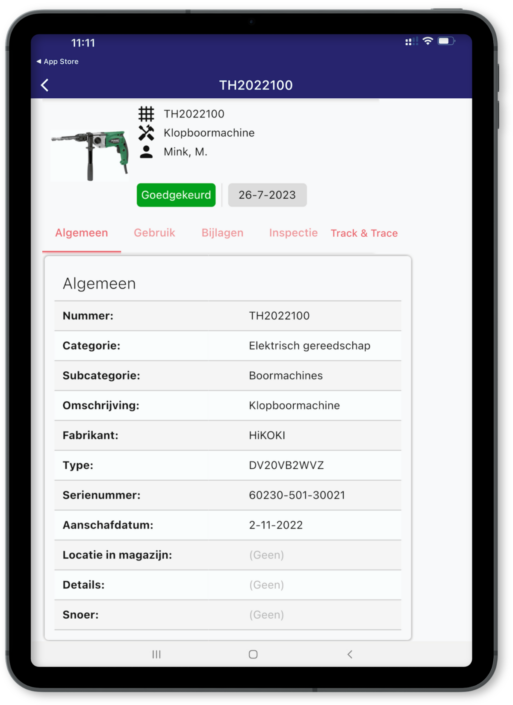 Arbeidsmiddel Gereedschapbeheer.nl tablet