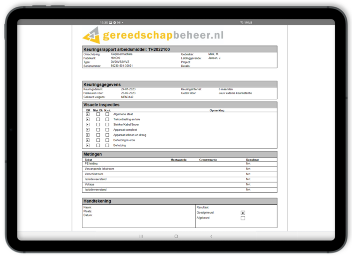 Keuringsrapport arbeidsmiddel